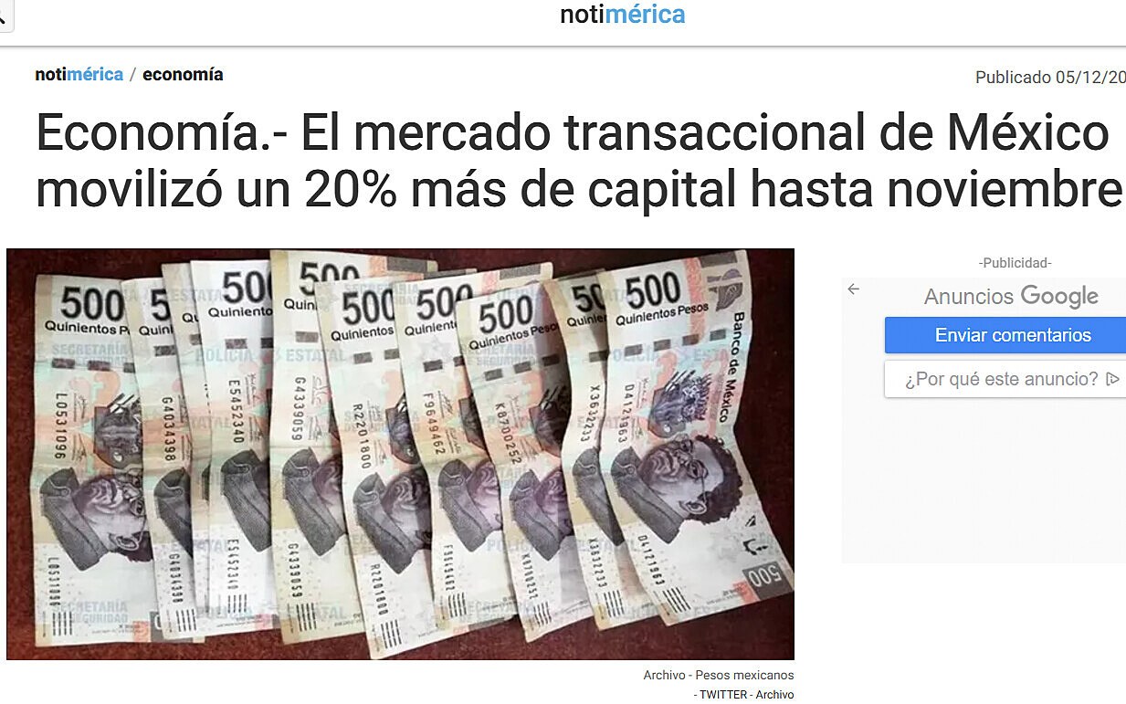 Economa.- El mercado transaccional de Mxico moviliz un 20% ms de capital hasta noviembre